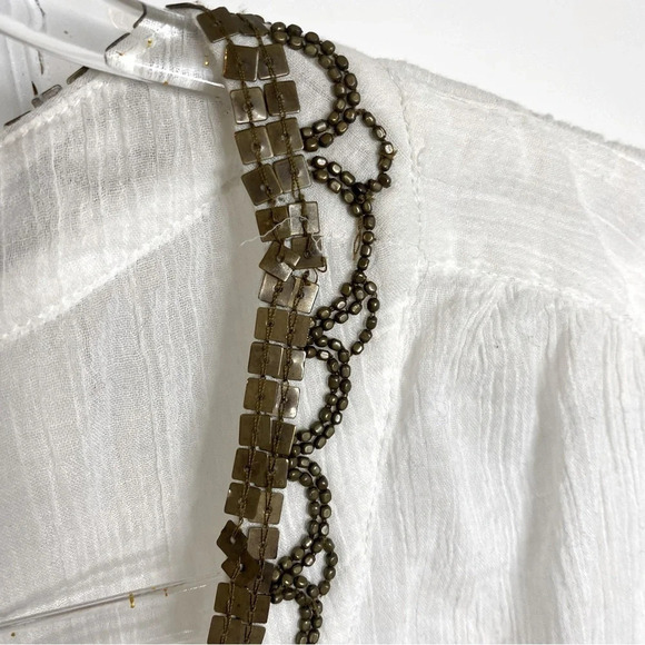 Lucky Brand Gauze Sheer White Blouse w/ Bronze Tone Embellishments Draws… - Picture 7 of 14